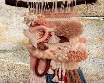 Handwoven Wall Hanging, Wool Fiber Art Tapestry with Wooden Dowel