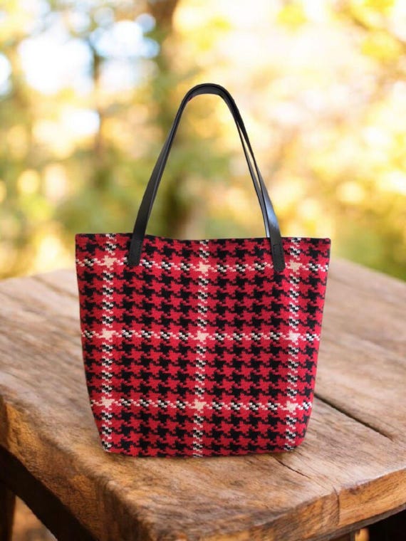 Handmade Wool Tote Bag – Red Tartan Shoulder Bag, Winter Purse 