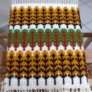 Puede incluir: Primer plano de un tapiz tejido con un patrón repetitivo de árboles estilizados en tonos marrones, amarillos, verdes y rojos.
