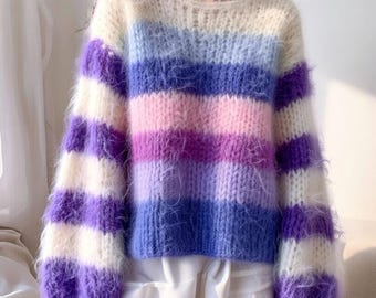 English Knitting Pattern | Striped Sleeve Mohair Sweater | Chunky Oversized Pullover PDF | Beginner Level