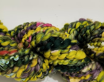 Hand Spun Art Yarn - Bulky, Green, Yellow, Purple - Knitting, Weaving, Crochet