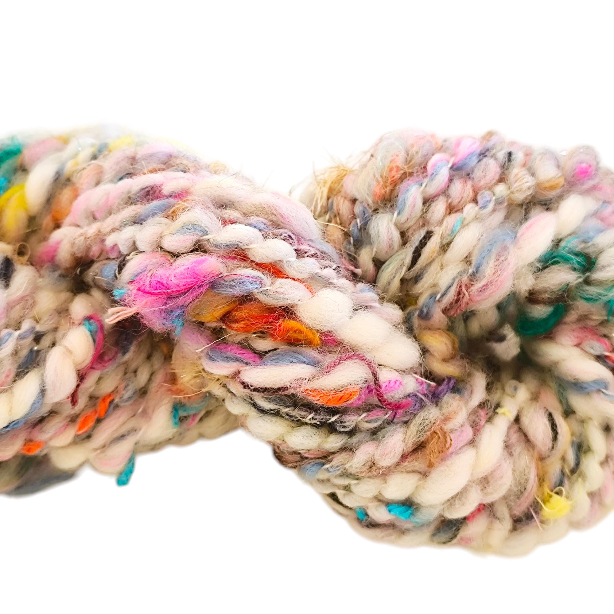 2 skeins -Spiral Plied  /Handspun scrap yarn/,Weaving and Fiber Arts-Corespun Bubble Coiled - Thick and Thin yarn/textile art