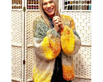 Handknit Mohair Cardigan – Chunky Oversized Knit, Balloon Sleeves, Cozy Autumn Winter Sweater, Earth Tone Jacket