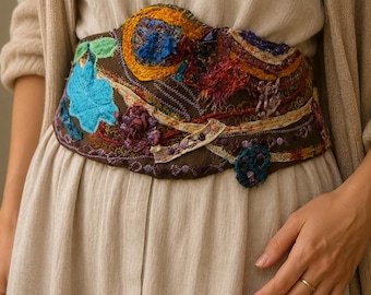 Handmade Leatherette Waist Belt – Silk Ribbon Embroidery Textile Art – Boho Statement Piece (S/M)