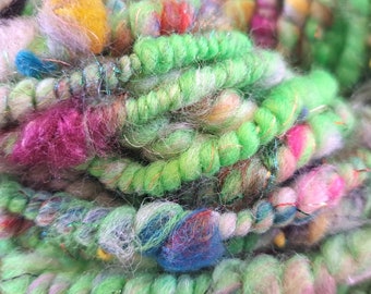 May include: A close-up of a skein of colorful yarn with a green, pink, and blue color scheme. The yarn is made of a blend of fibers, including wool, silk, and metallic thread. The yarn is soft and fluffy, and it has a slightly iridescent sheen.