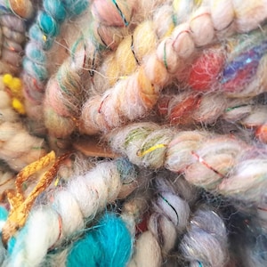 Può includere: Un primo piano di un gomitolo di filato colorato con una varietà di trame e colori, tra cui bianco, rosa, blu e oro. Il filato è fatto da una miscela di fibre, tra cui lana, seta e fili metallici.