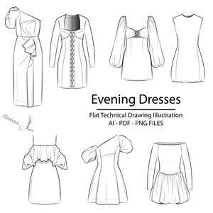 Peut inclure: Une collection de sept illustrations techniques de mode en noir et blanc représentant des robes de soirée avec divers décolletés, longueurs de manches et silhouettes de jupes, avec le texte Evening Dresses Flat Technical Drawing Illustration AI - PDF - PNG FILES.