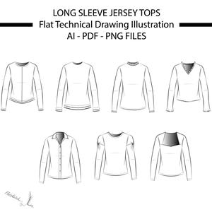 Może przedstawiać: Cyfrowa kolekcja siedmiu czarno-białych płaskich rysunków technicznych koszulek z długim rękawem. Tekst brzmi LONG SLEEVE JERSEY TOPS Flat Technical Drawing Illustration AI - PDF - PNG FILES. Przedstawiono różne rodzaje dekoltów i stylów rękawów.