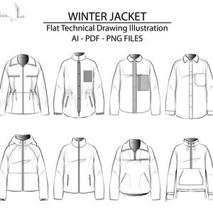 May include: A collection of eight black and white technical line drawings of winter jackets. The text reads WINTER JACKET Flat Technical Drawing Illustration AI - PDF - PNG FILES. Each jacket features distinct designs including zips, pockets, hoods, and drawstrings.