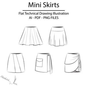 Pode incluir: Uma ilustração técnica plana em preto e branco de cinco designs diferentes de minissaias. O texto diz Mini Skirts, Flat Technical Drawing Illustration, AI - PDF - PNG FILES e Flatsketch by Lea. Os esboços mostram várias silhuetas.