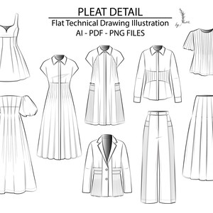 Pode incluir: Uma coleção de ilustrações técnicas de moda em preto e branco intitulada PLEAT DETAIL, Flat Technical Drawing Illustration, AI - PDF - PNG FILES, apresentando várias peças de vestuário, incluindo vestidos, camisas, um blazer, calças e uma saia.