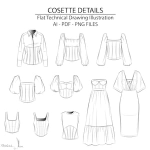 Pode incluir: Uma coleção de desenhos técnicos de moda em preto e branco rotulados como COSETTE DETAILS, Flat Technical Drawing Illustration, AI - PDF - PNG FILES. A imagem exibe vários tops, um vestido estilo espartilho e um vestido midi com mangas.