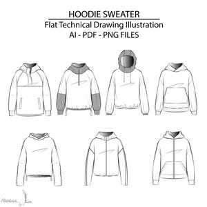 May include: A digital collection of seven black and white hoodie sweater flat technical drawing illustrations. The text reads HOODIE SWEATER Flat Technical Drawing Illustration AI - PDF - PNG FILES. Each sketch displays different hoodie styles.