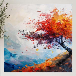 Op de afbeelding: Een olieverfschilderij op doek met een boom met levendige rode, oranje en gele bladeren. De boom staat op een donkere, getextureerde ondergrond tegen een lichte, abstracte lucht. Dikke, zichtbare penseelstreken creëren een dynamisch effect.