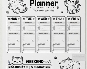Minimalist Cat Weekly Planner Printable (Digital Download) – Daily Priorities, Notes, Gratitude