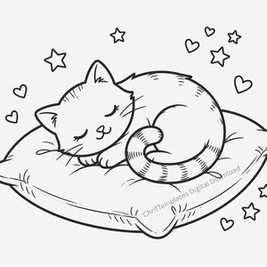 May include: A black and white line art illustration of a kitten curled up and sleeping on a square pillow. The cat has striped markings on its tail and body. The scene is decorated with several small hearts and stars floating around the cat.