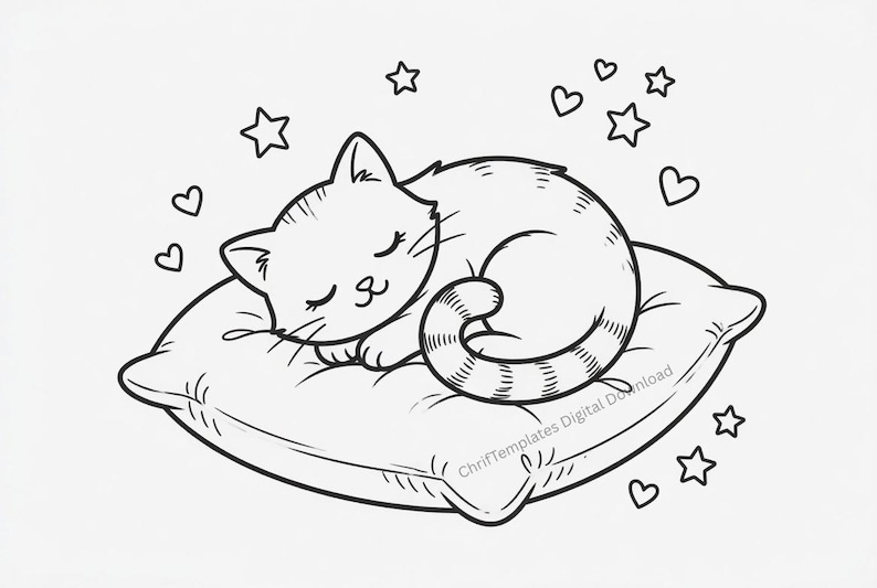 May include: A black and white line art illustration of a kitten curled up and sleeping on a square pillow. The cat has striped markings on its tail and body. The scene is decorated with several small hearts and stars floating around the cat.