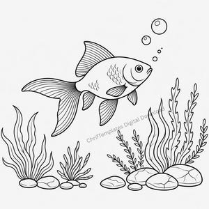 May include: A black and white line art illustration of a goldfish swimming above aquatic plants and stones. The fish has detailed scales and fins, with three bubbles rising from its mouth. The text ChrifTemplates Digital Download is visible.