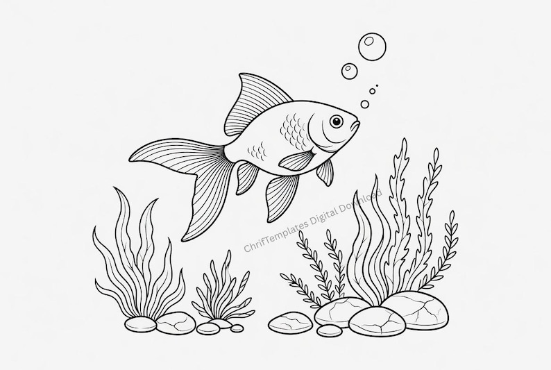 May include: A black and white line art illustration of a goldfish swimming above aquatic plants and stones. The fish has detailed scales and fins, with three bubbles rising from its mouth. The text ChrifTemplates Digital Download is visible.