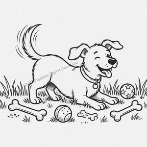 May include: A black and white line art illustration of a happy puppy with a collar, playing in the grass with two bones and two balls. The puppy has its tongue out and tail raised. The text "ChriTemplates Digital Download" is visible.