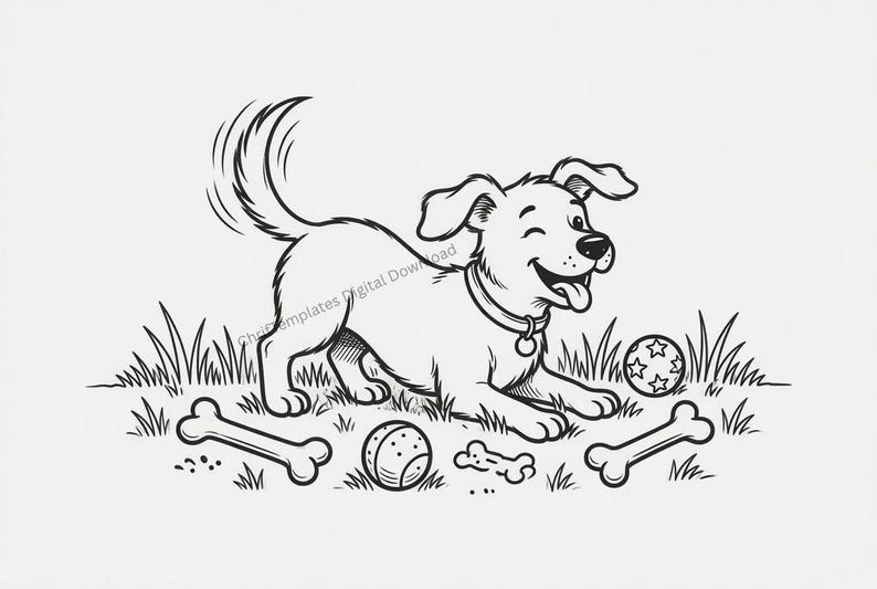 May include: A black and white line art illustration of a happy puppy with a collar, playing in the grass with two bones and two balls. The puppy has its tongue out and tail raised. The text "ChriTemplates Digital Download" is visible.
