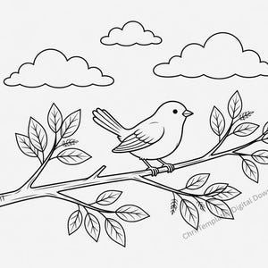May include: A black and white line art illustration of a small bird perched on a leafy tree branch with three clouds in the background. The text ChriTemplate Digital Download is visible in the lower right corner of the drawing.