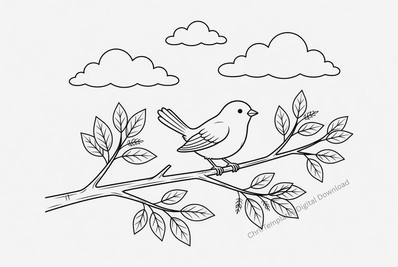 May include: A black and white line art illustration of a small bird perched on a leafy tree branch with three clouds in the background. The text ChriTemplate Digital Download is visible in the lower right corner of the drawing.