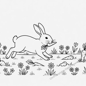 May include: A black and white line art illustration of a rabbit running through a field of flowers whilst holding a carrot in its mouth. Several other carrots are scattered on the ground among the flowers. The text ChrifTemplates Digital Download is visible.