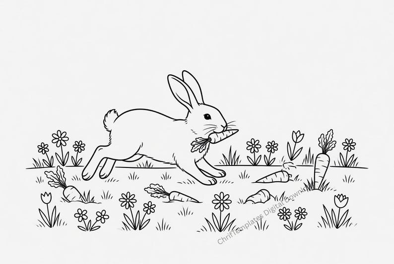 May include: A black and white line art illustration of a rabbit running through a field of flowers whilst holding a carrot in its mouth. Several other carrots are scattered on the ground among the flowers. The text ChrifTemplates Digital Download is visible.