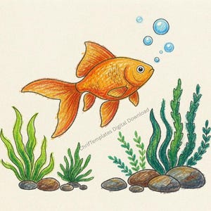 May include: A coloured pencil drawing of a bright orange goldfish swimming above green aquatic plants and brown river stones. The fish is facing right with small blue bubbles rising from its mouth. The text ChrifTemplates Digital Download is visible.