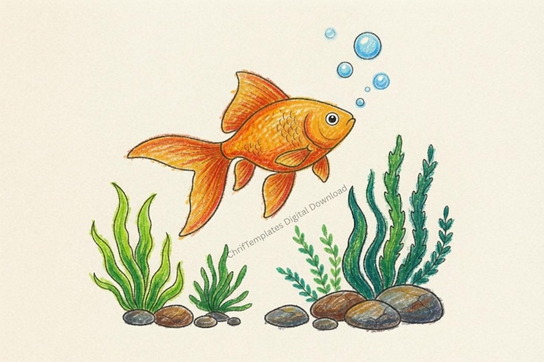 May include: A coloured pencil drawing of a bright orange goldfish swimming above green aquatic plants and brown river stones. The fish is facing right with small blue bubbles rising from its mouth. The text ChrifTemplates Digital Download is visible.