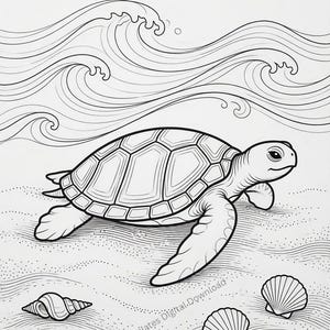 May include: A black and white line art illustration of a sea turtle crawling on a sandy beach with seashells scattered nearby. Above the turtle, stylised ocean waves are depicted. The text ChriTemplates Digital Download is visible.
