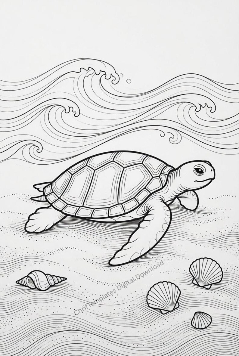 May include: A black and white line art illustration of a sea turtle crawling on a sandy beach with seashells scattered nearby. Above the turtle, stylised ocean waves are depicted. The text ChriTemplates Digital Download is visible.