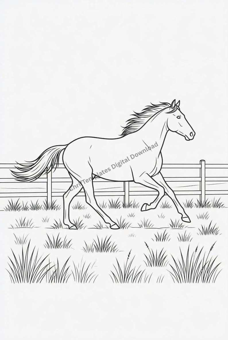 May include: A black and white line art illustration of a horse galloping through a grassy field in front of a wooden fence. The image features the text ChriTemplates Digital Download overlaid across the centre of the horse's body.