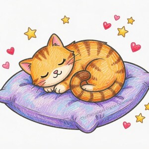 May include: A coloured pencil drawing of an orange tabby cat sleeping on a purple pillow. The cat has closed eyes and brown stripes. Surrounding the cat are small yellow stars and pink hearts. The text ChriTemplates Digital Download is visible.