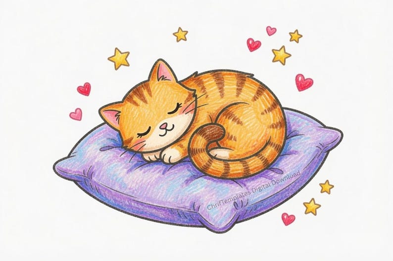 May include: A coloured pencil drawing of an orange tabby cat sleeping on a purple pillow. The cat has closed eyes and brown stripes. Surrounding the cat are small yellow stars and pink hearts. The text ChriTemplates Digital Download is visible.