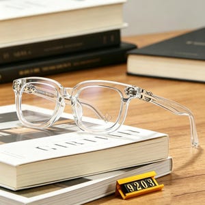 Puede incluir: Gafas transparentes de acetato con montura cuadrada. Las patillas presentan detalles metálicos en tono plateado con adornos intrincados. Un pequeño símbolo de flor de lis está impreso en el cristal derecho. Las gafas tienen lentes transparentes.