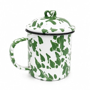 Vintage Green Batik Enamel Mug with Lid, Heritage Camping Cup