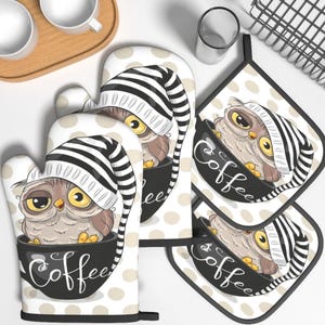 Owl Coffee Oven Mitts and Pot Holders Set, Cozy Cafe Kitchen Decor Gloves ,Coffee Lover Baking Gifts and For BBQ Cooking Grilling