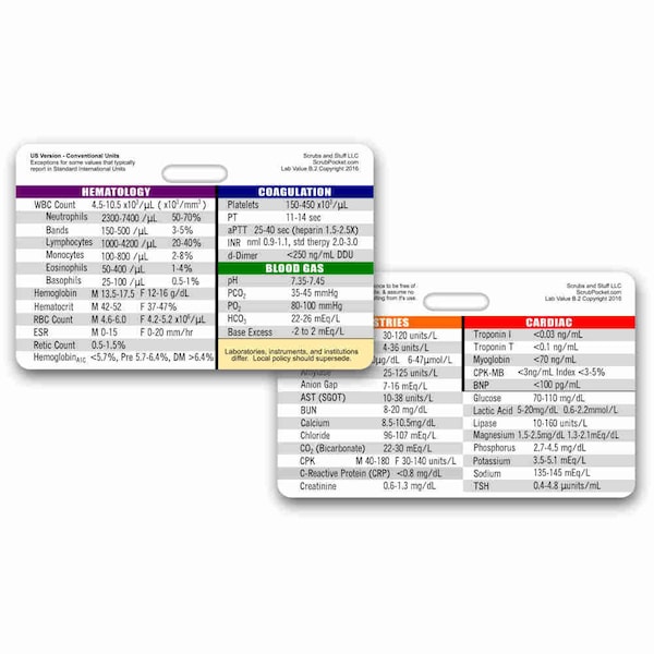 Laboratory Values Badge Card Reference Horizontal for Nurse Medic EMT for ID Badge Clip Strap or Reel Lab