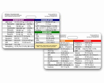 Laboratory Values Badge Card Reference Horizontal for Nurse Medic EMT for ID Badge Clip Strap or Reel Lab