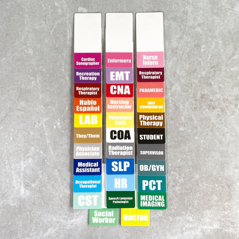 May include: A set of colorful name tags with various job titles, including Nurse Intern, Cardiac Sonographer, EMT, CNA, and more. The tags are arranged in three columns on a gray background.