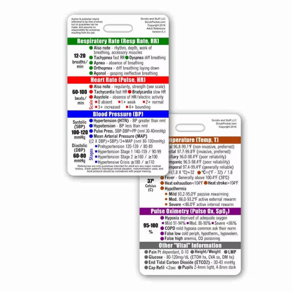 Adult Vital Signs Badge Pocket Card Vertical for Nurse Paramedic EMT for ID Badge Clip Strap or Reel Ecg