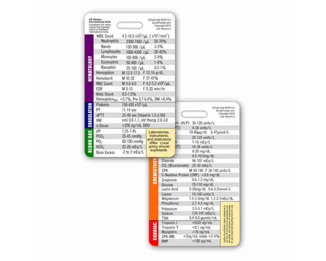 Lab Values Badge Pocket Card Reference Vertical for Nurse Paramedic EMT