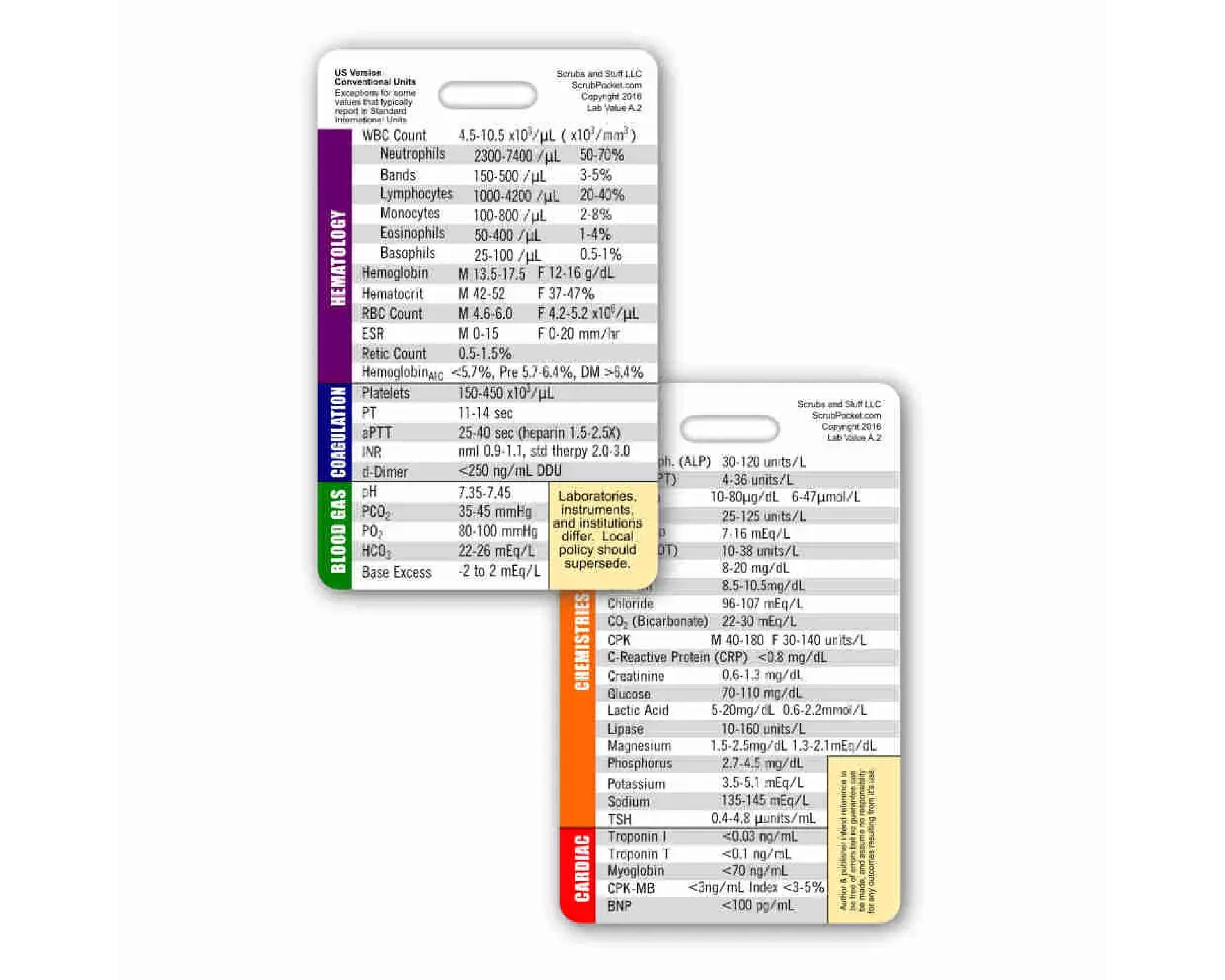 Lab Values Badge Pocket Card Reference Vertical for Nurse Paramedic EMT for ID  Badge Clip Strap or Reel Laboratory 
