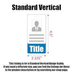 May include: A white vertical badge holder with a blue title bar that says "Title". The badge holder is 4.5 inches tall and 2.125 inches wide.
