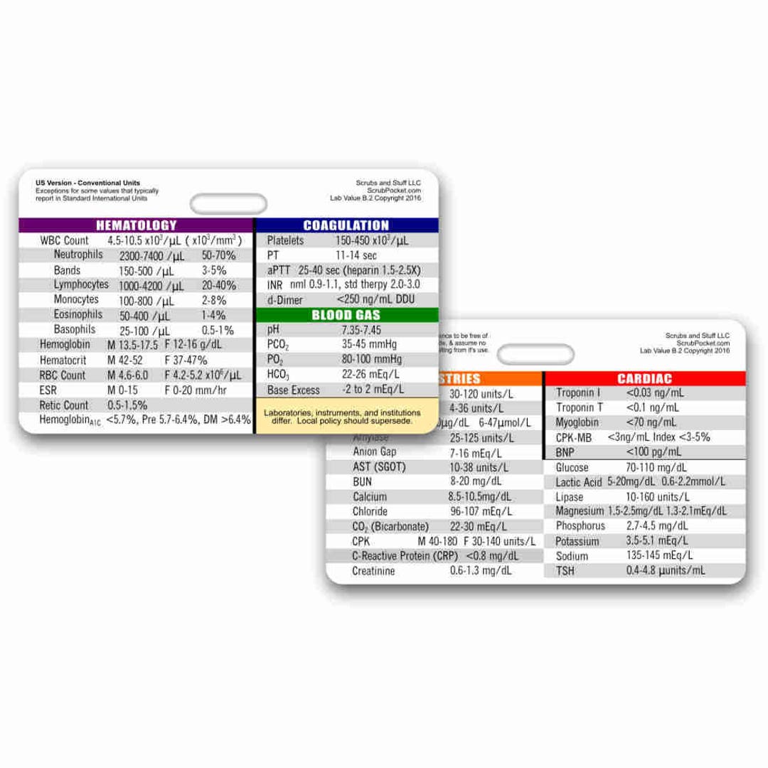 Laboratory Values Badge Card Reference Horizontal for Nurse Medic EMT for ID  Badge Clip Strap or Reel Lab 
