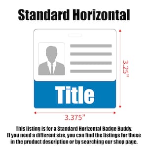 May include: A white badge holder with a blue title bar that says "Title". The badge holder is 3.25 inches tall and 3.375 inches wide. It has a space for a photo and lines for text.