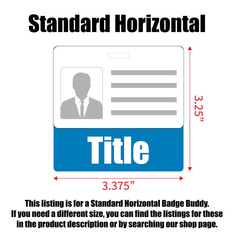 May include: A white badge holder with a blue title bar that says "Title". The badge holder is 3.25 inches tall and 3.375 inches wide. It has a space for a photo and lines for text.