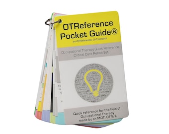 May include: A pocket-sized reference guide for occupational therapy, featuring a yellow cover with the text "OTReference Pocket Guide." The guide is spiral-bound and includes multiple color-coded pages with quick reference information for critical care rehab.